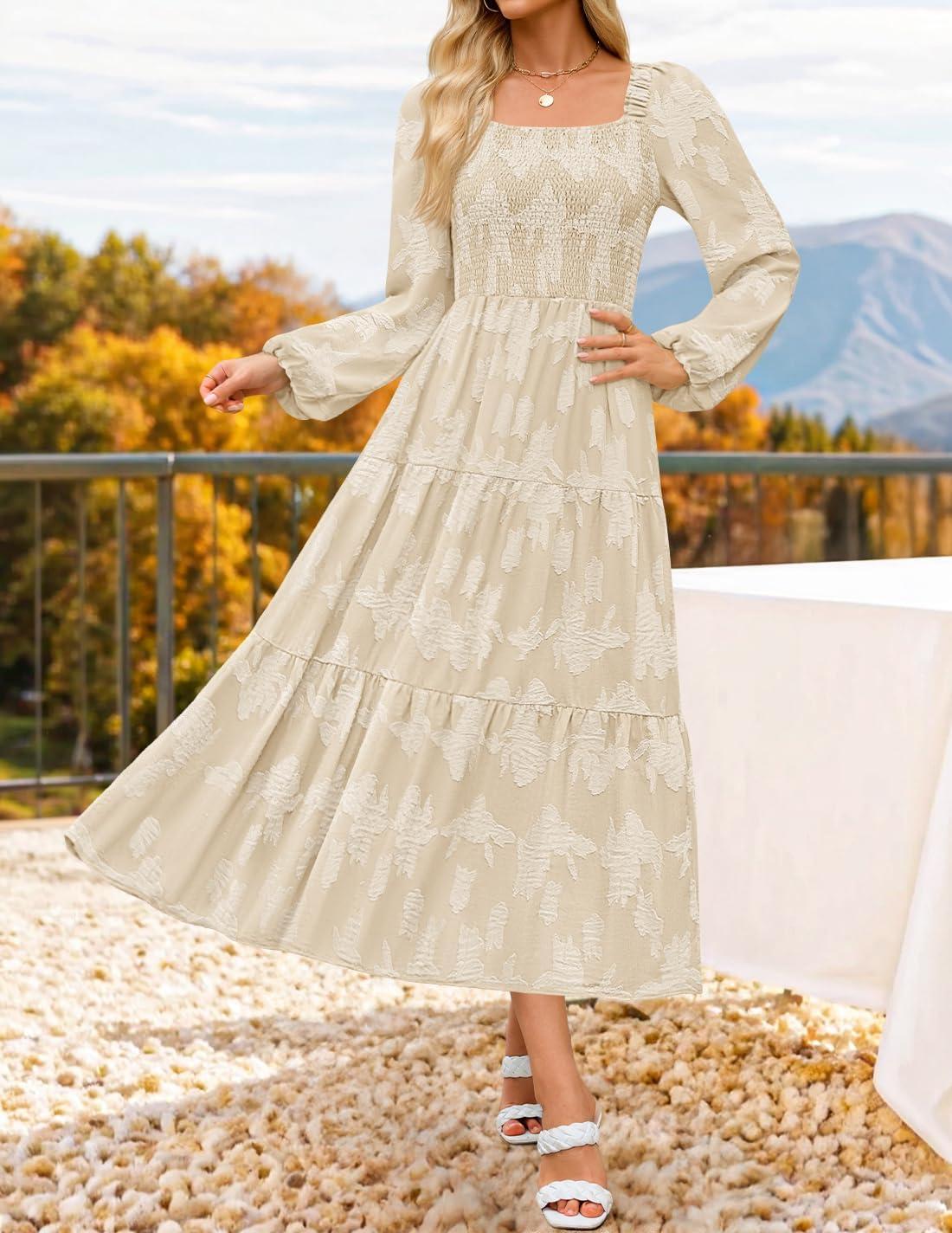 imageZESICA Womens 2026 Spring Floral Midi Dress Long Sleeve Smocked Flowy Long Wedding Guest Vacation DressesApricot