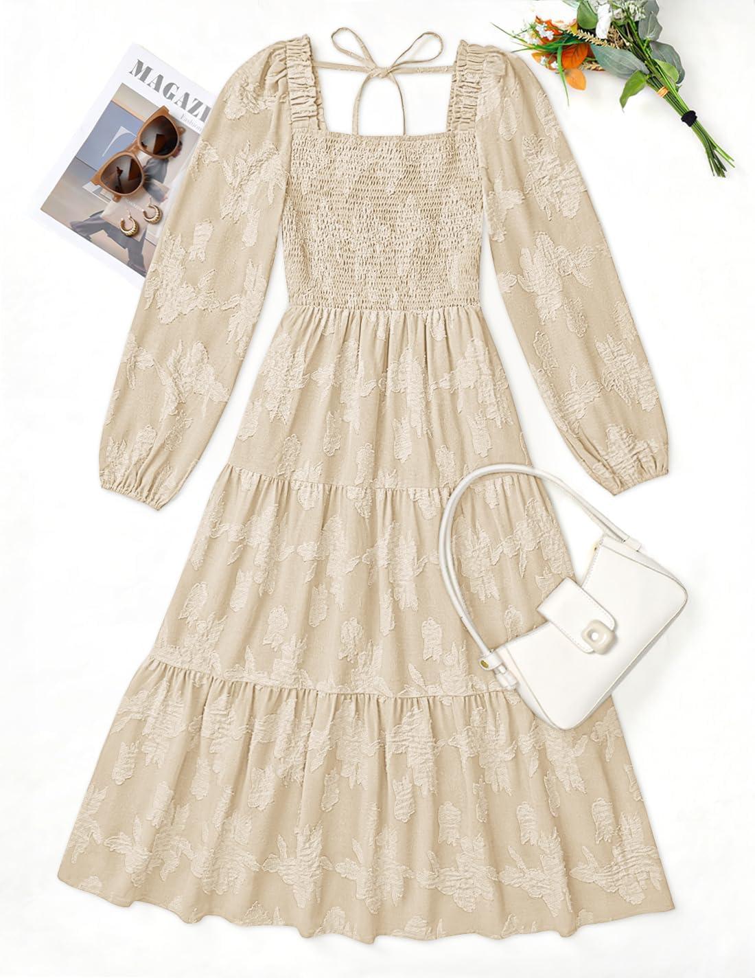 imageZESICA Womens 2026 Spring Floral Midi Dress Long Sleeve Smocked Flowy Long Wedding Guest Vacation DressesApricot