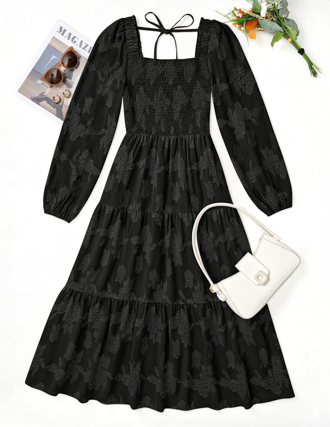 imageZESICA Womens 2026 Spring Floral Midi Dress Long Sleeve Smocked Flowy Long Wedding Guest Vacation DressesBlack