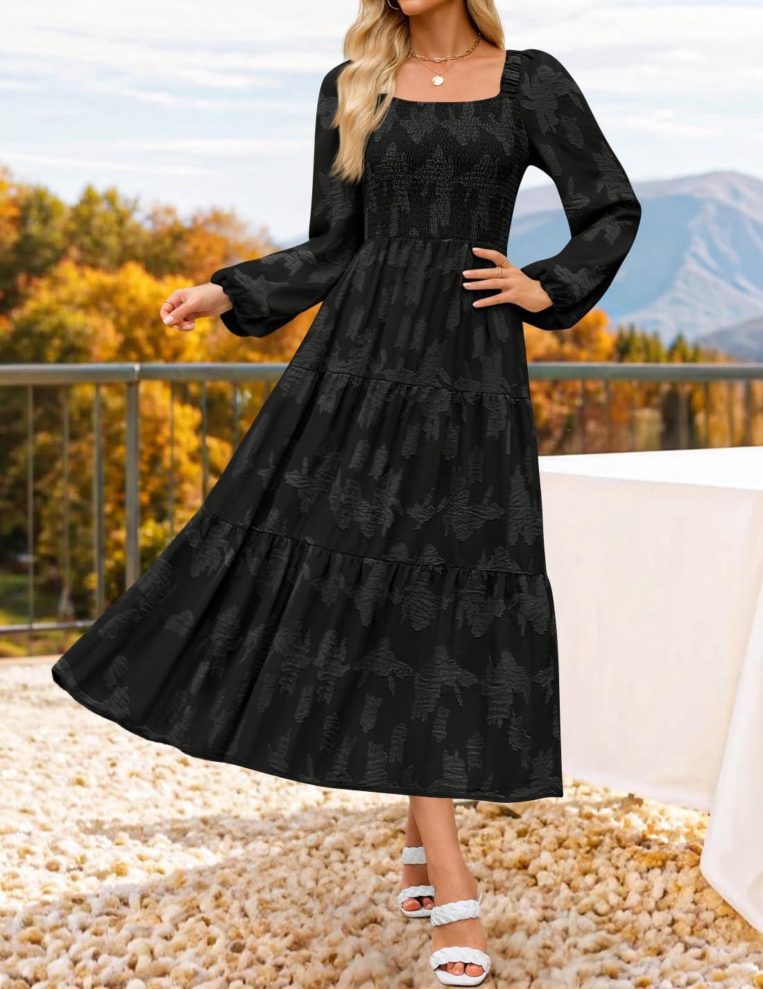 imageZESICA Womens 2026 Spring Floral Midi Dress Long Sleeve Smocked Flowy Long Wedding Guest Vacation DressesBlack
