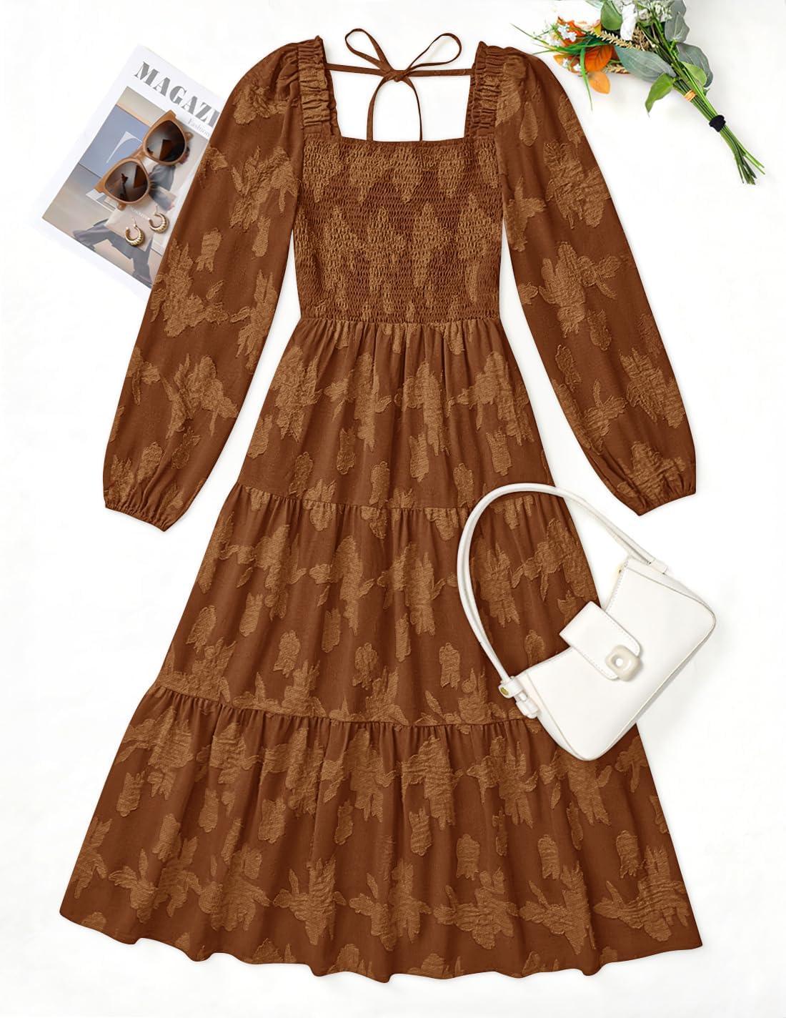 imageZESICA Womens 2026 Spring Floral Midi Dress Long Sleeve Smocked Flowy Long Wedding Guest Vacation DressesBrown