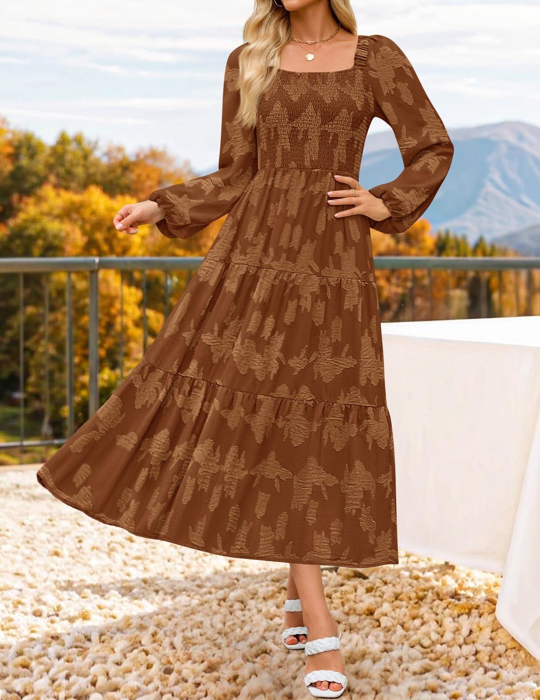 imageZESICA Womens 2026 Spring Floral Midi Dress Long Sleeve Smocked Flowy Long Wedding Guest Vacation DressesBrown