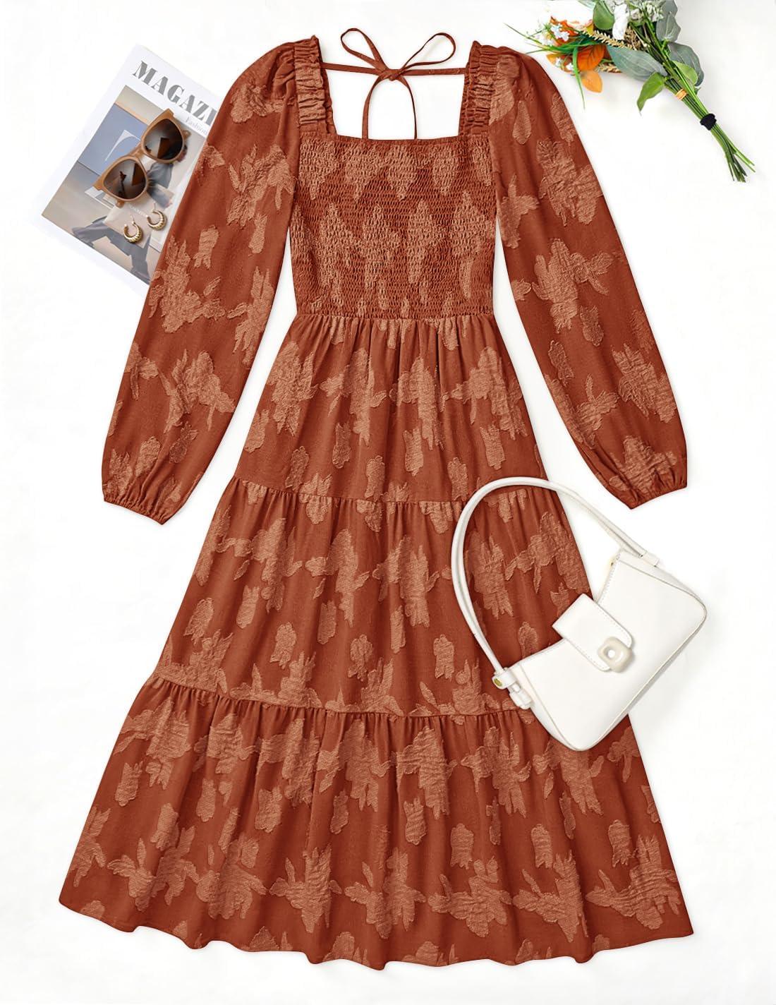 imageZESICA Womens 2026 Spring Floral Midi Dress Long Sleeve Smocked Flowy Long Wedding Guest Vacation DressesCaramel