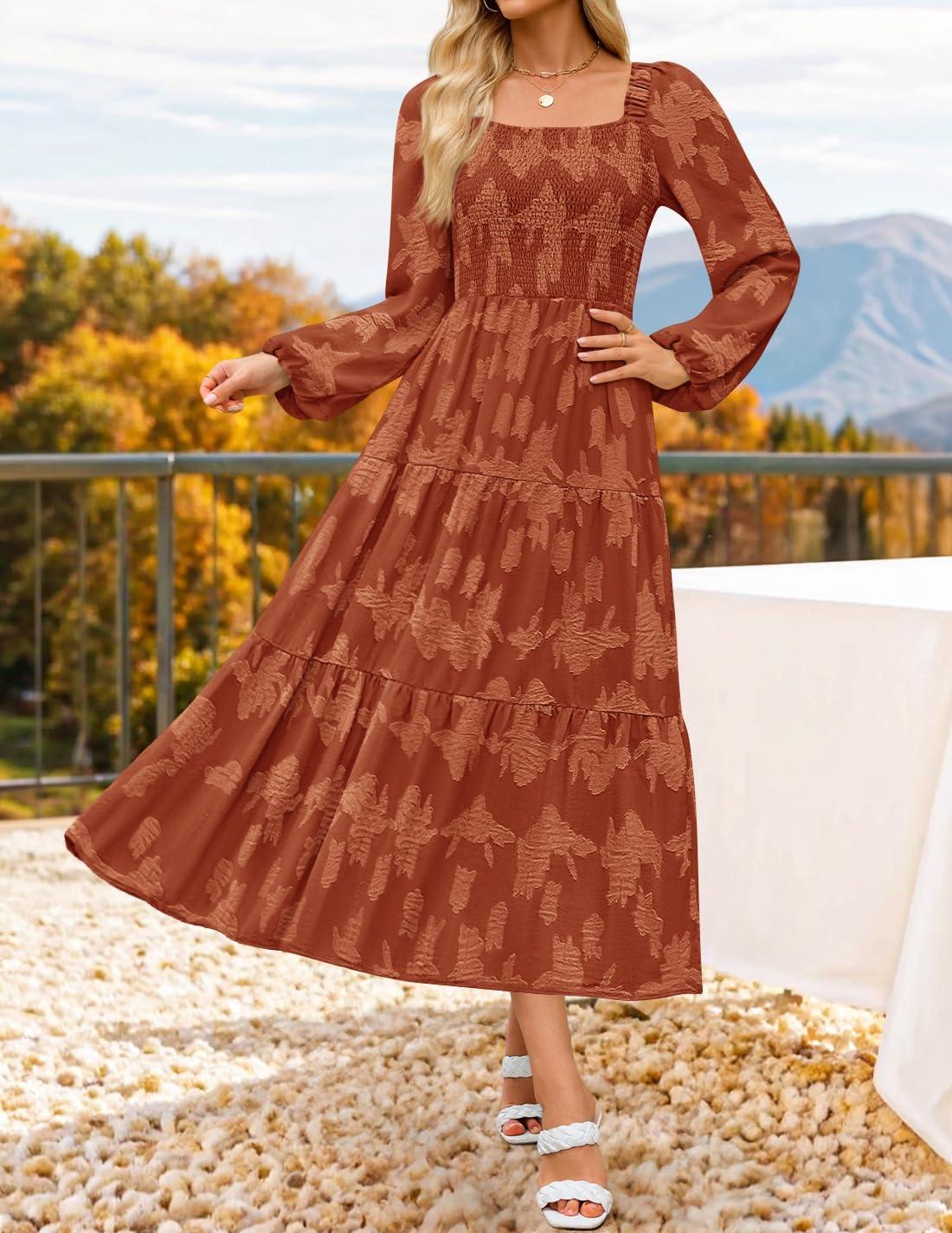 imageZESICA Womens 2026 Spring Floral Midi Dress Long Sleeve Smocked Flowy Long Wedding Guest Vacation DressesCaramel