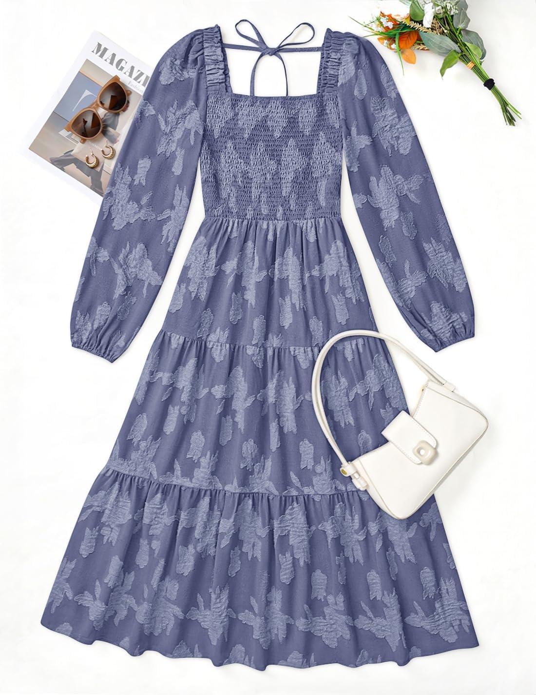 imageZESICA Womens 2026 Spring Floral Midi Dress Long Sleeve Smocked Flowy Long Wedding Guest Vacation DressesDustyblue