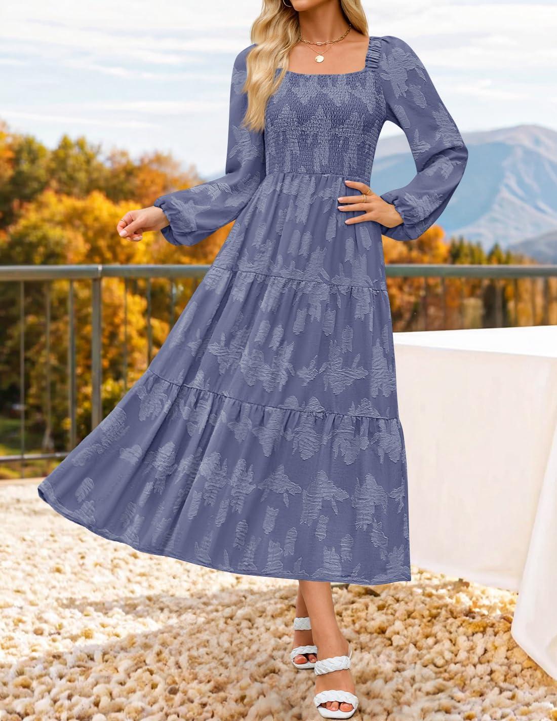 imageZESICA Womens 2026 Spring Floral Midi Dress Long Sleeve Smocked Flowy Long Wedding Guest Vacation DressesDustyblue