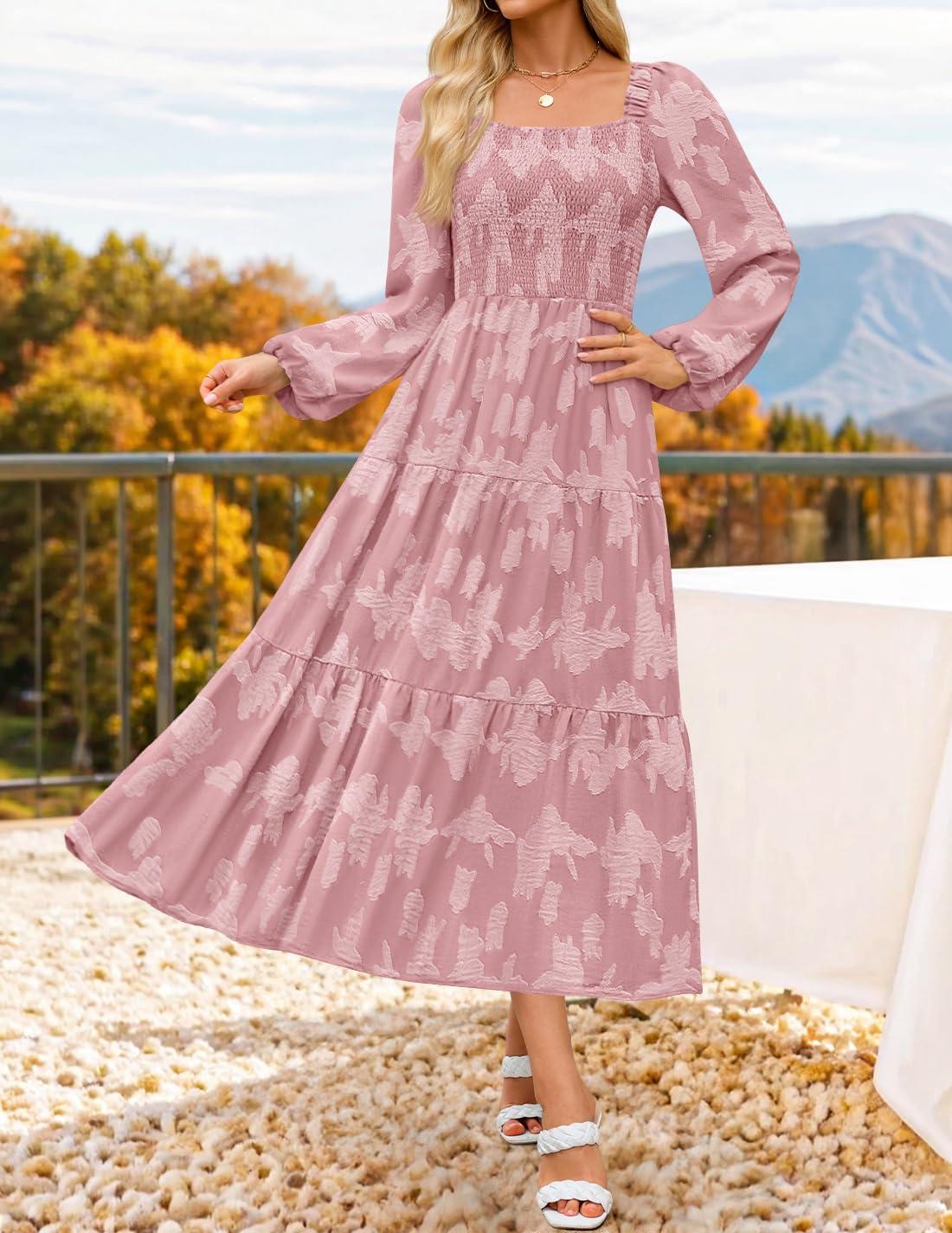 imageZESICA Womens 2026 Spring Floral Midi Dress Long Sleeve Smocked Flowy Long Wedding Guest Vacation DressesPink