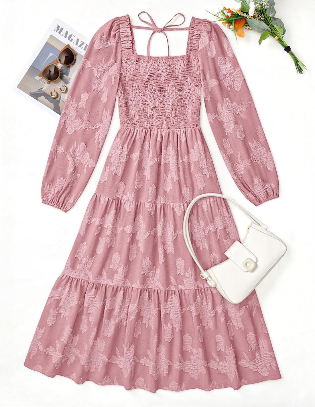 imageZESICA Womens 2026 Spring Floral Midi Dress Long Sleeve Smocked Flowy Long Wedding Guest Vacation DressesPink