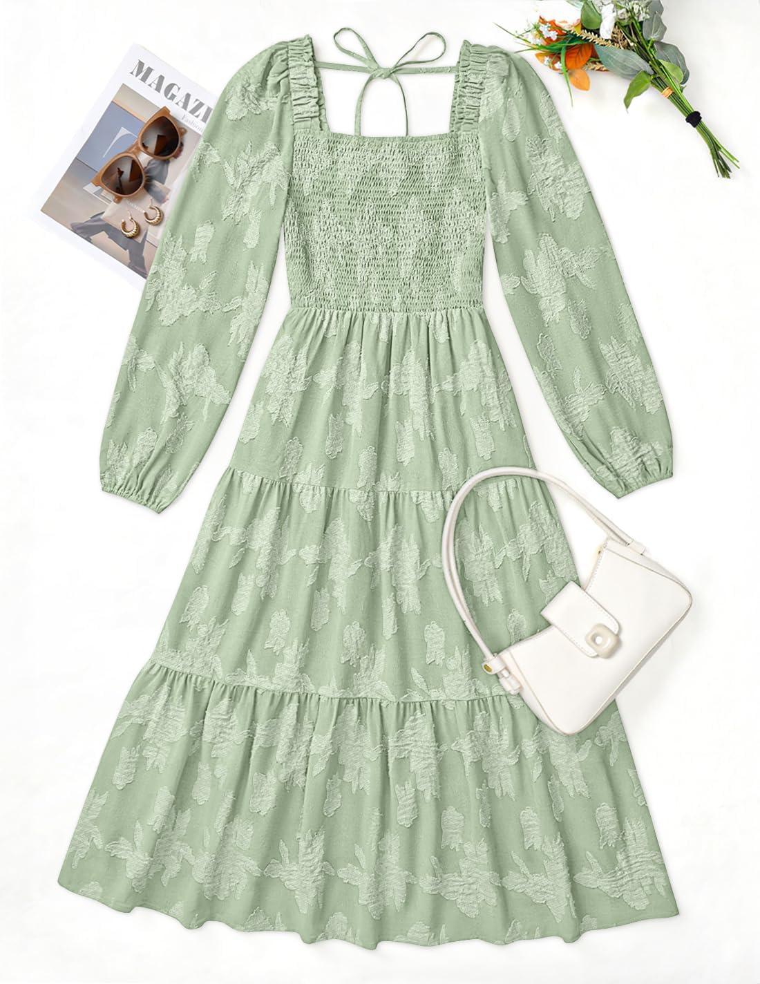 imageZESICA Womens 2026 Spring Floral Midi Dress Long Sleeve Smocked Flowy Long Wedding Guest Vacation DressesSage