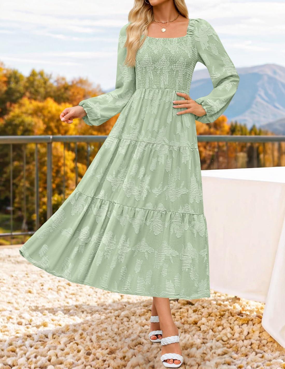imageZESICA Womens 2026 Spring Floral Midi Dress Long Sleeve Smocked Flowy Long Wedding Guest Vacation DressesSage