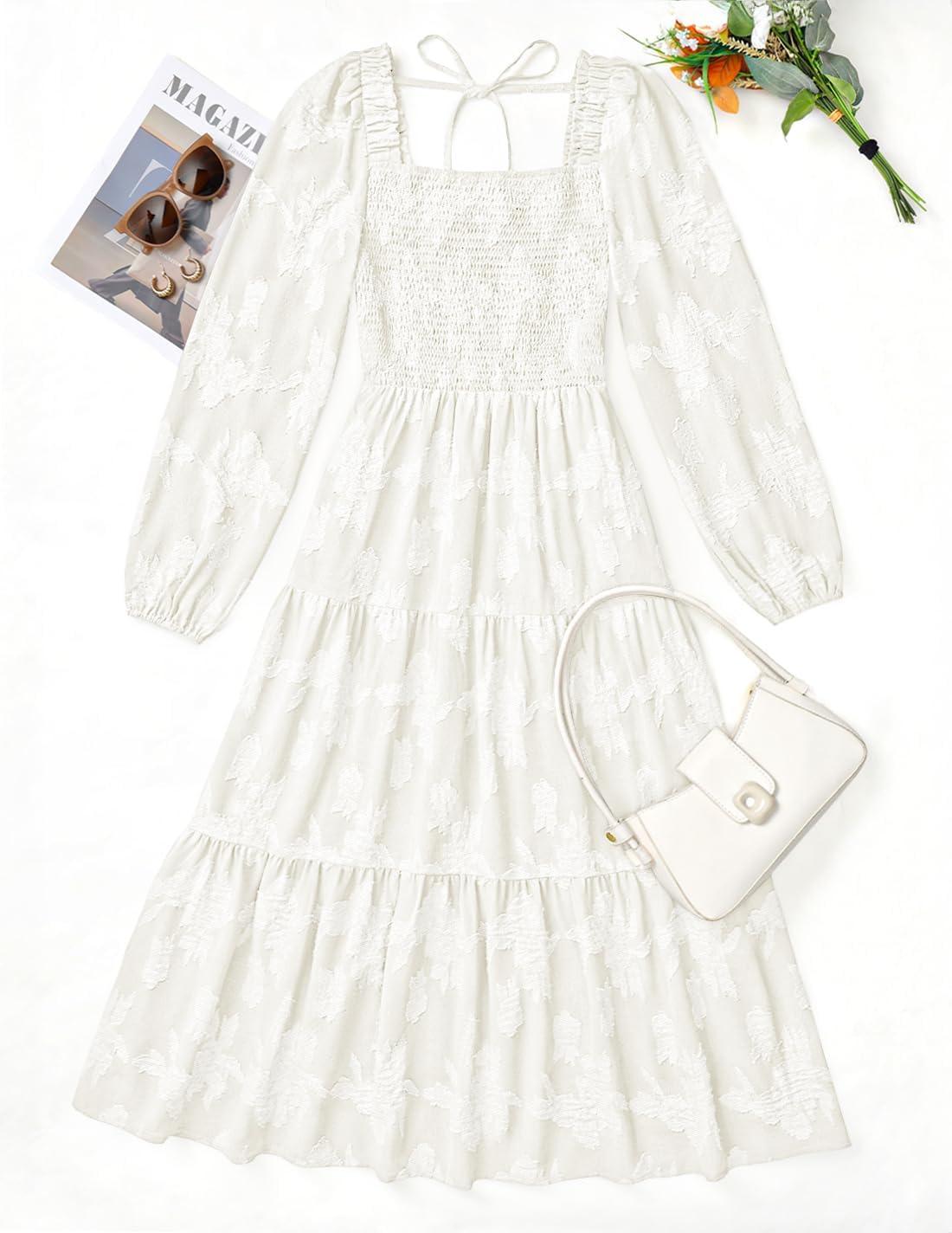 imageZESICA Womens 2026 Spring Floral Midi Dress Long Sleeve Smocked Flowy Long Wedding Guest Vacation DressesWhite