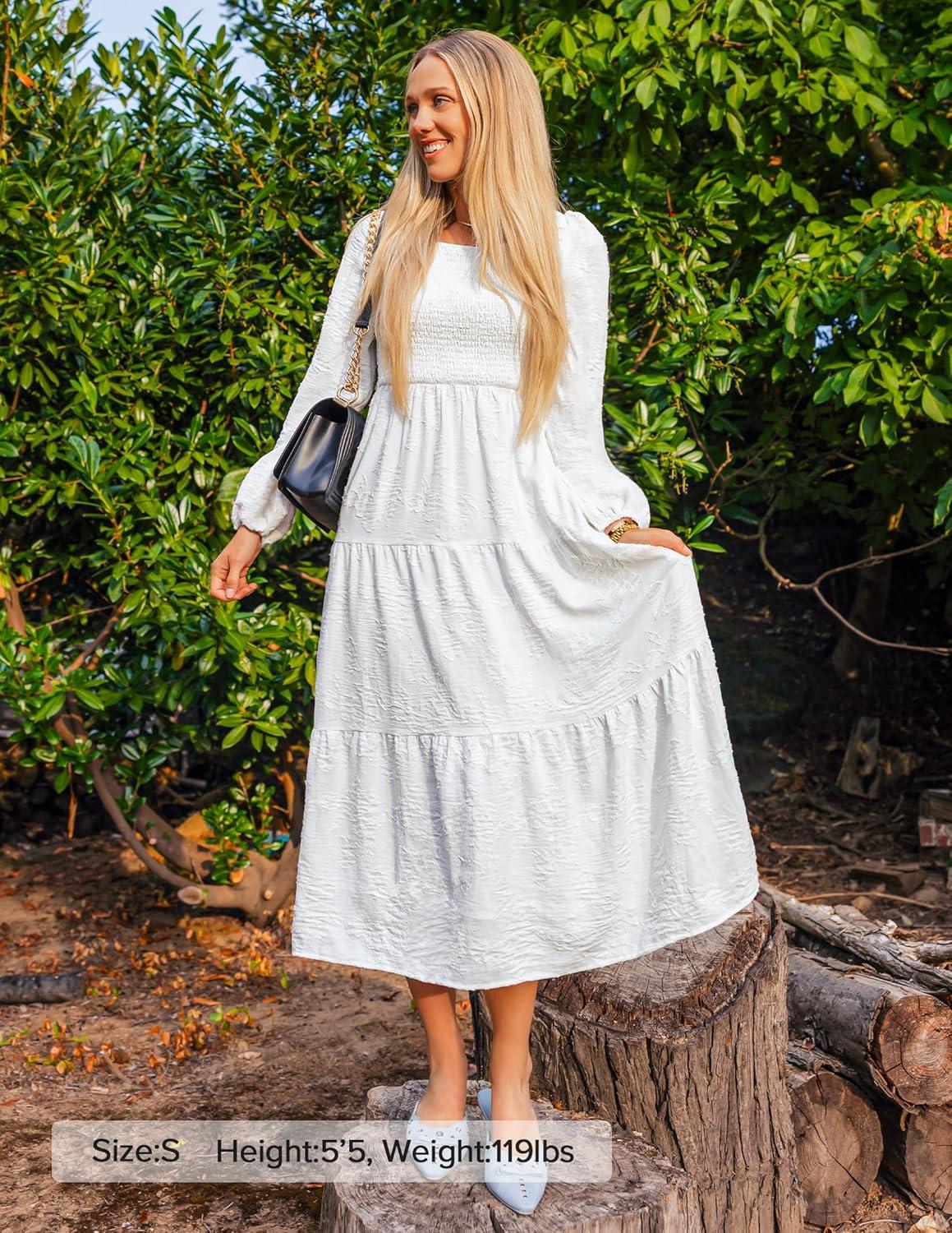 imageZESICA Womens 2026 Spring Floral Midi Dress Long Sleeve Smocked Flowy Long Wedding Guest Vacation DressesWhite