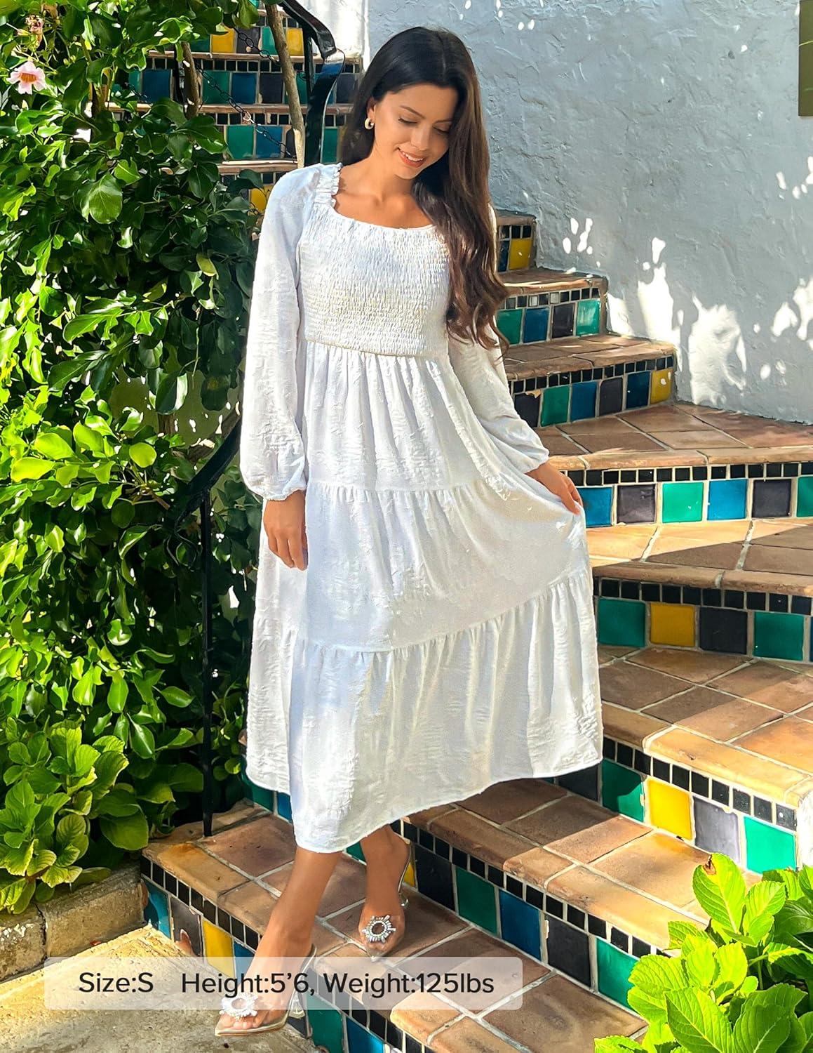 imageZESICA Womens 2026 Spring Floral Midi Dress Long Sleeve Smocked Flowy Long Wedding Guest Vacation DressesWhite