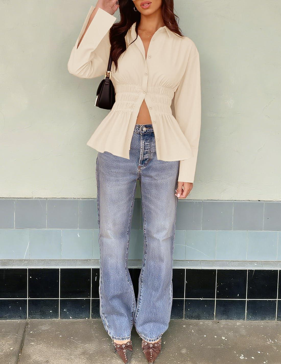 imageZESICA Womens 2026 Spring Long Sleeve Blouse Business Dressy Casual Button Down Shirts Peplum Tops Fashion Trendy ClothesApricot