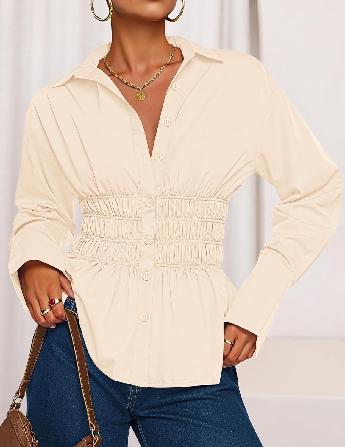 imageZESICA Womens 2026 Spring Long Sleeve Blouse Business Dressy Casual Button Down Shirts Peplum Tops Fashion Trendy ClothesApricot