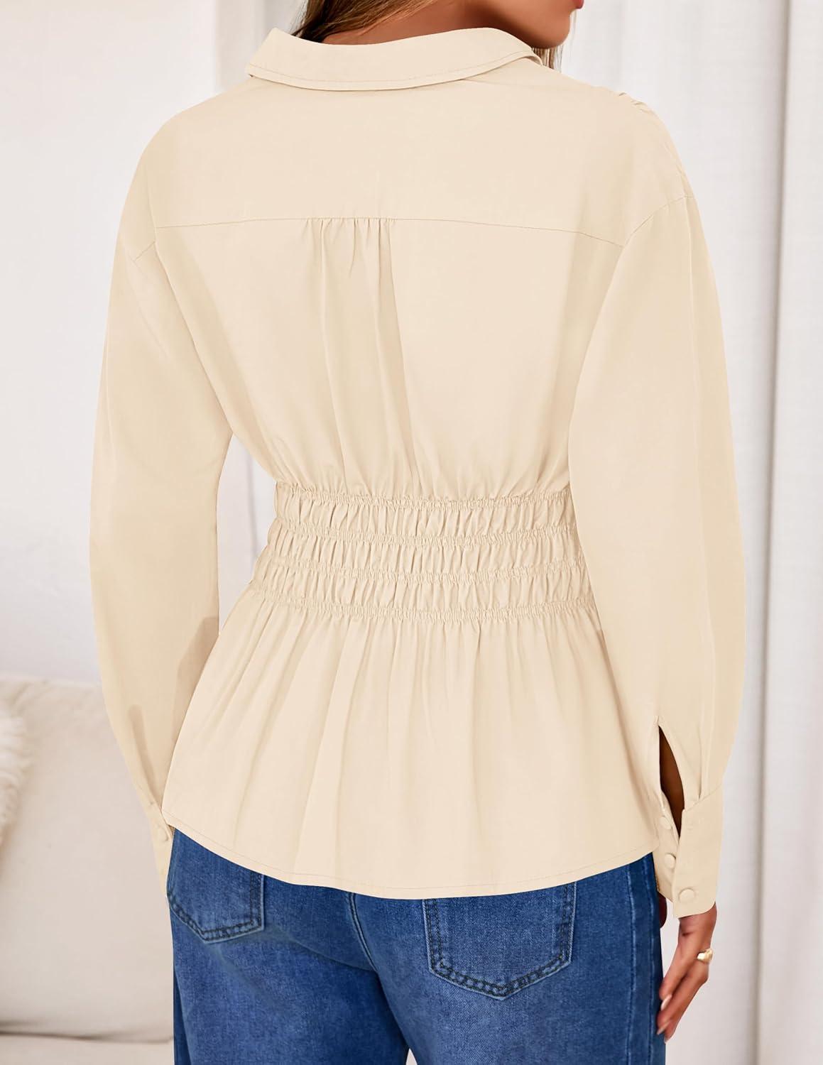 imageZESICA Womens 2026 Spring Long Sleeve Blouse Business Dressy Casual Button Down Shirts Peplum Tops Fashion Trendy ClothesApricot