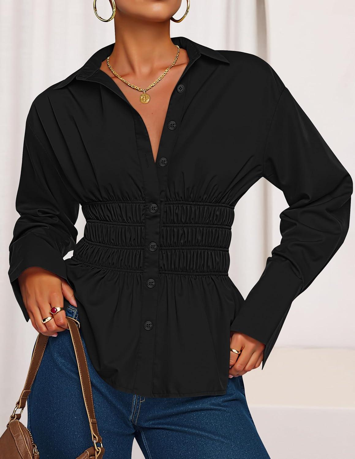 imageZESICA Womens 2026 Spring Long Sleeve Blouse Business Dressy Casual Button Down Shirts Peplum Tops Fashion Trendy ClothesBlack
