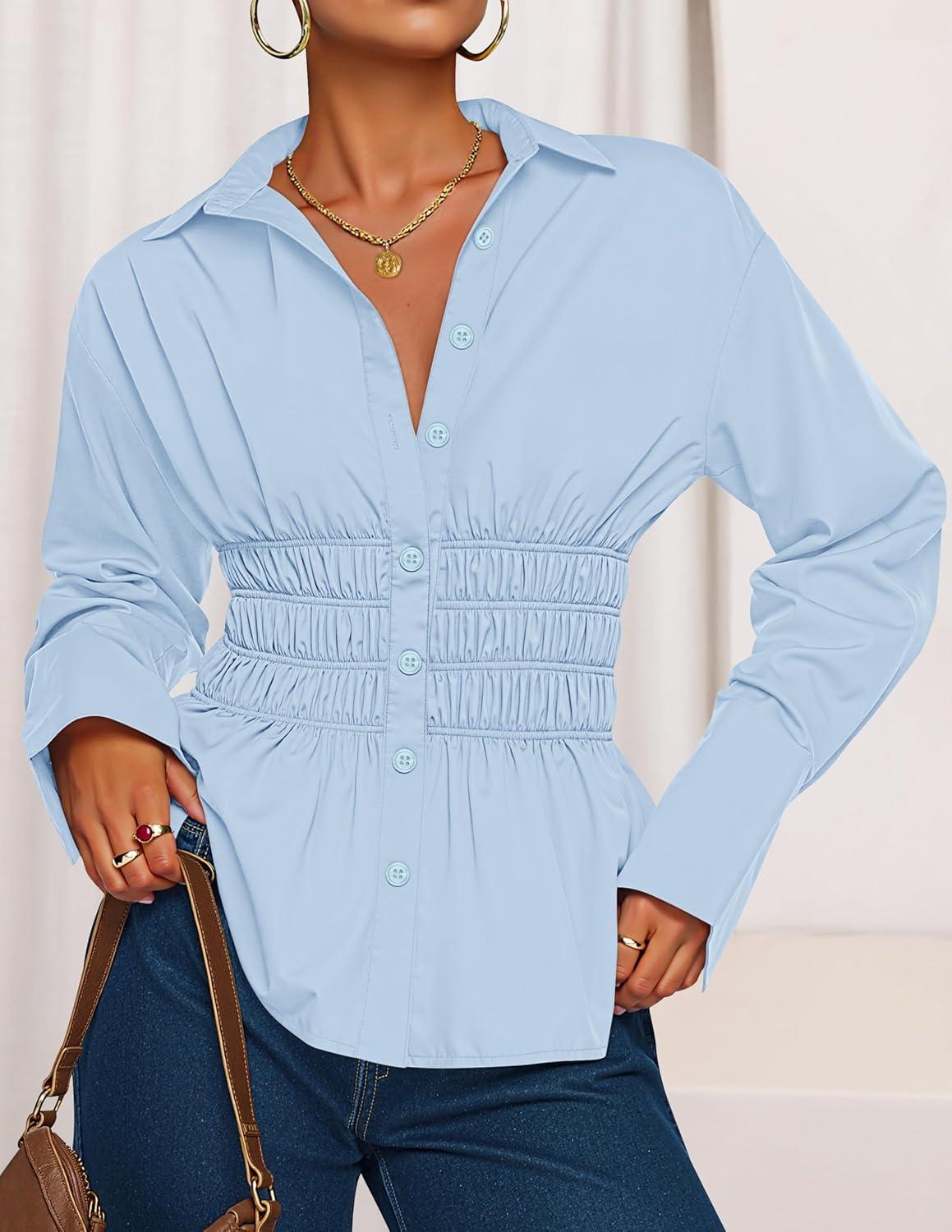 imageZESICA Womens 2026 Spring Long Sleeve Blouse Business Dressy Casual Button Down Shirts Peplum Tops Fashion Trendy ClothesBlue