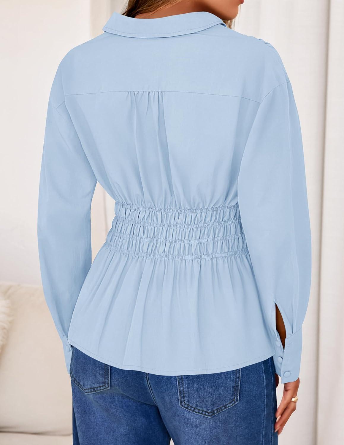 imageZESICA Womens 2026 Spring Long Sleeve Blouse Business Dressy Casual Button Down Shirts Peplum Tops Fashion Trendy ClothesBlue