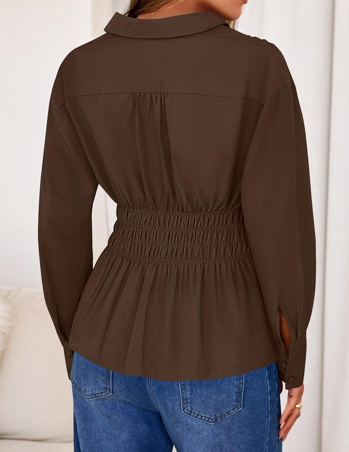 imageZESICA Womens 2026 Spring Long Sleeve Blouse Business Dressy Casual Button Down Shirts Peplum Tops Fashion Trendy ClothesBrown
