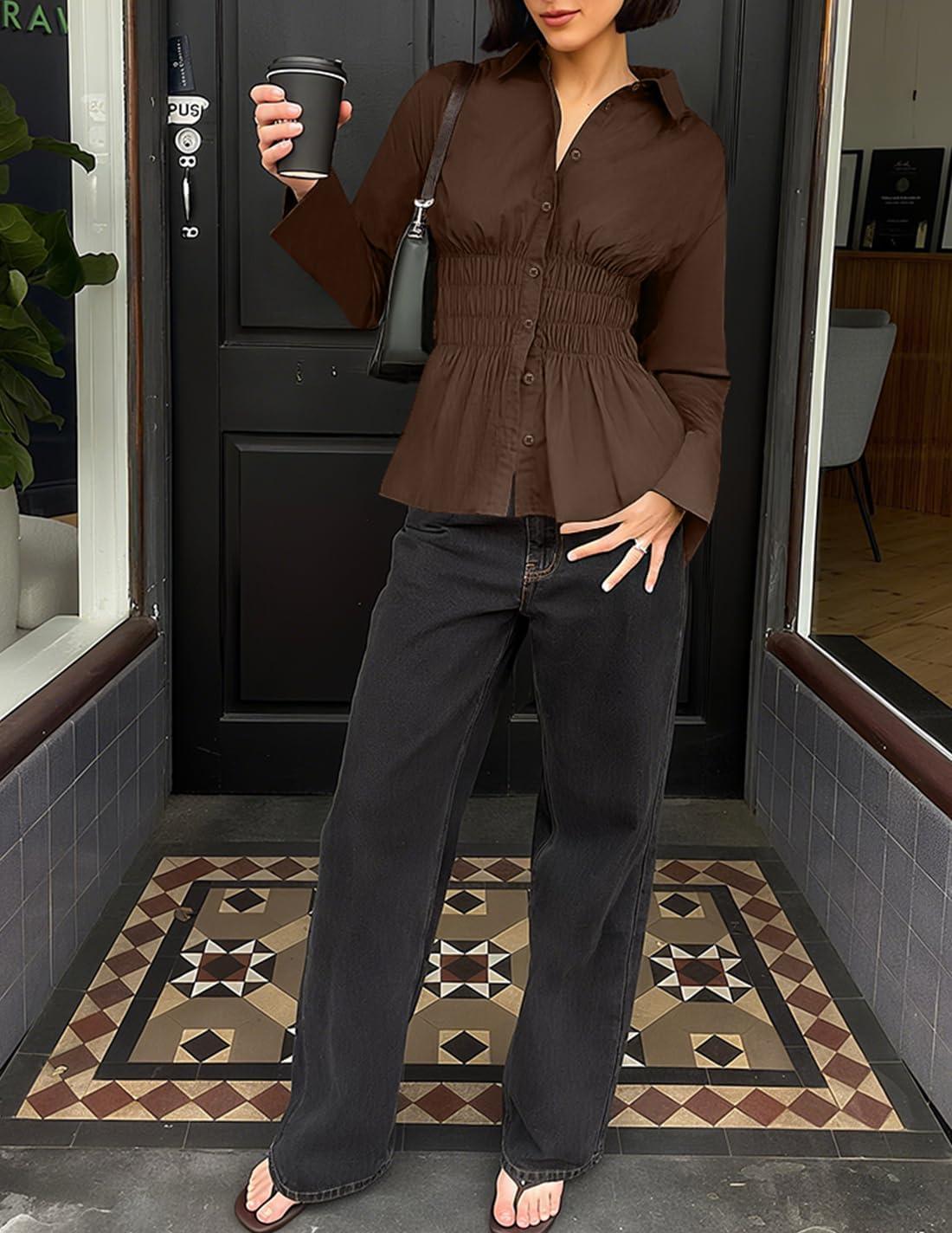 imageZESICA Womens 2026 Spring Long Sleeve Blouse Business Dressy Casual Button Down Shirts Peplum Tops Fashion Trendy ClothesBrown