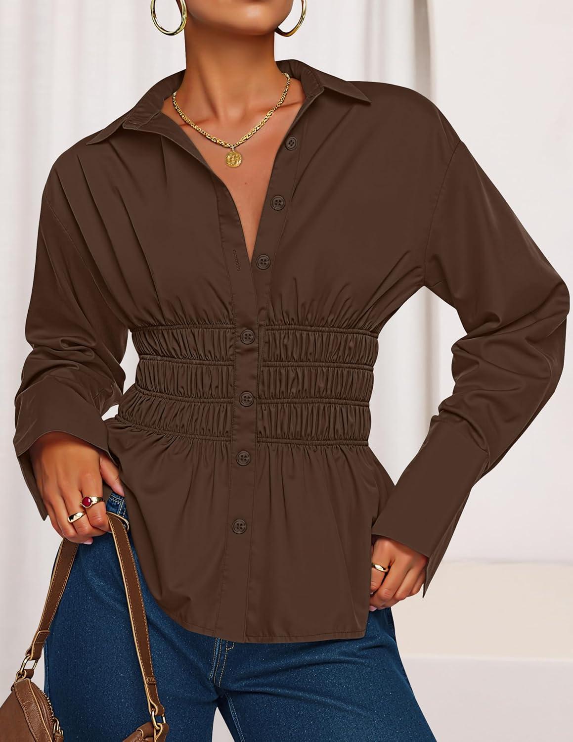 imageZESICA Womens 2026 Spring Long Sleeve Blouse Business Dressy Casual Button Down Shirts Peplum Tops Fashion Trendy ClothesBrown
