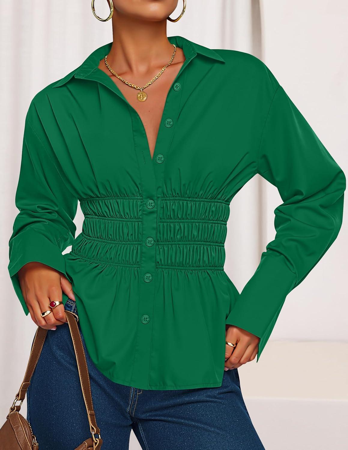 imageZESICA Womens 2026 Spring Long Sleeve Blouse Business Dressy Casual Button Down Shirts Peplum Tops Fashion Trendy ClothesGreen