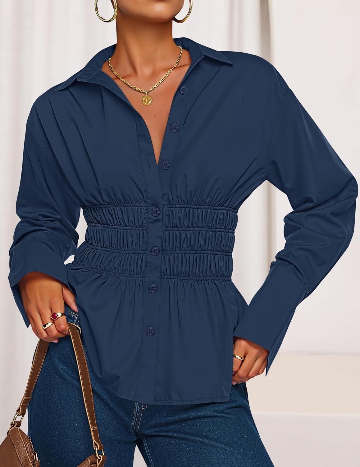 imageZESICA Womens 2026 Spring Long Sleeve Blouse Business Dressy Casual Button Down Shirts Peplum Tops Fashion Trendy ClothesNavy