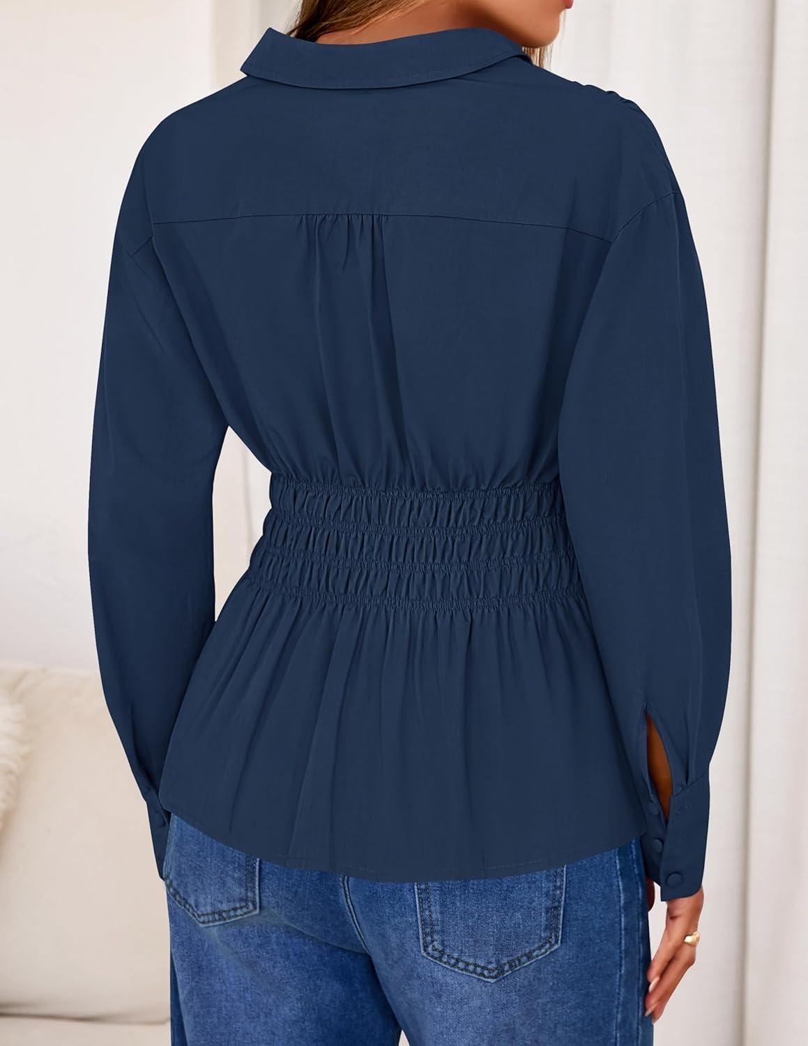 imageZESICA Womens 2026 Spring Long Sleeve Blouse Business Dressy Casual Button Down Shirts Peplum Tops Fashion Trendy ClothesNavy