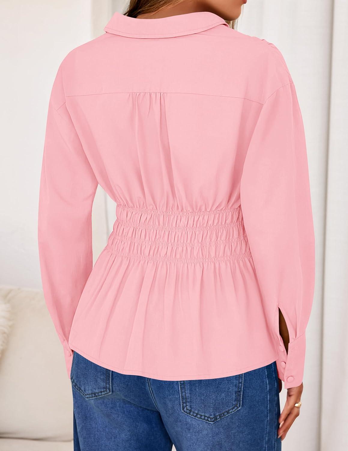 imageZESICA Womens 2026 Spring Long Sleeve Blouse Business Dressy Casual Button Down Shirts Peplum Tops Fashion Trendy ClothesPink