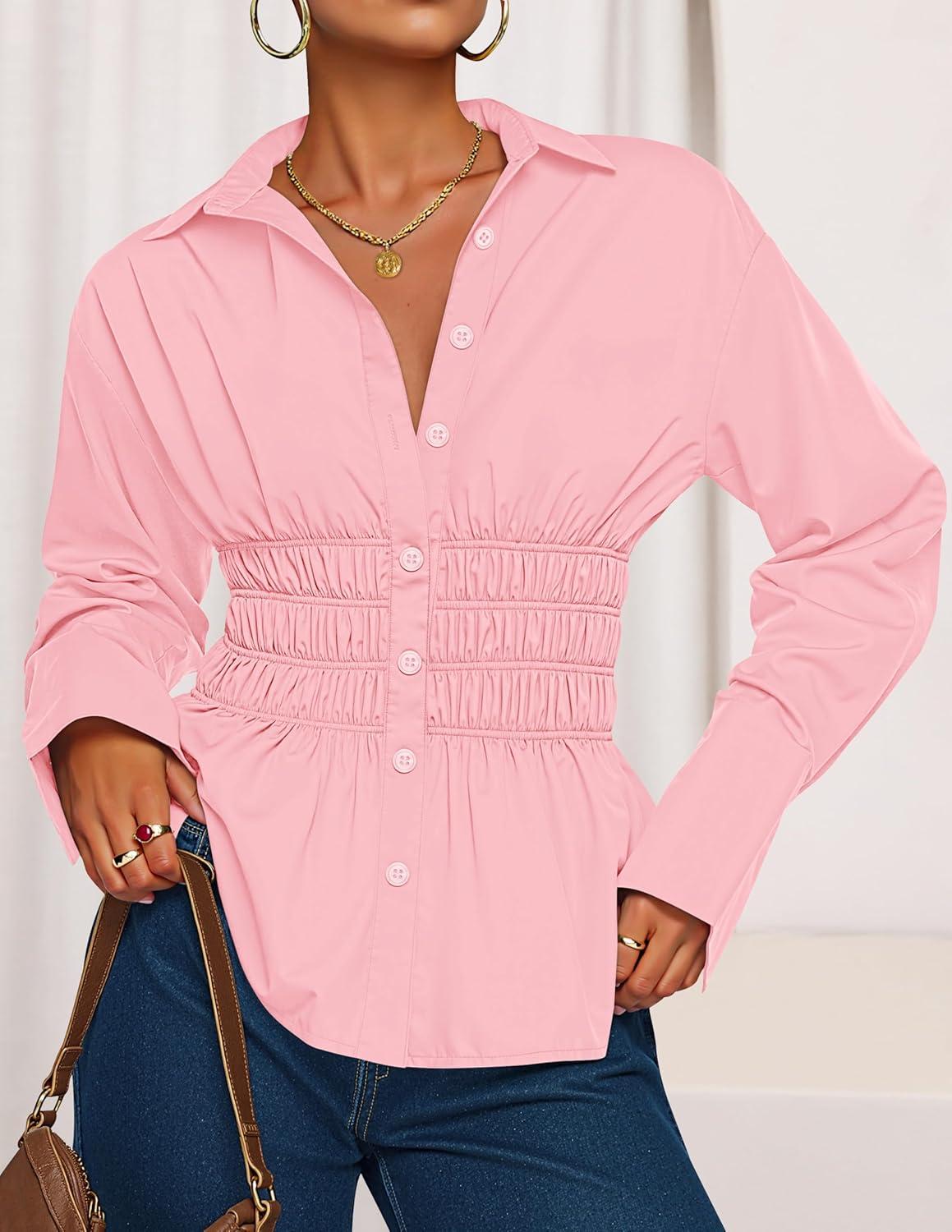 imageZESICA Womens 2026 Spring Long Sleeve Blouse Business Dressy Casual Button Down Shirts Peplum Tops Fashion Trendy ClothesPink