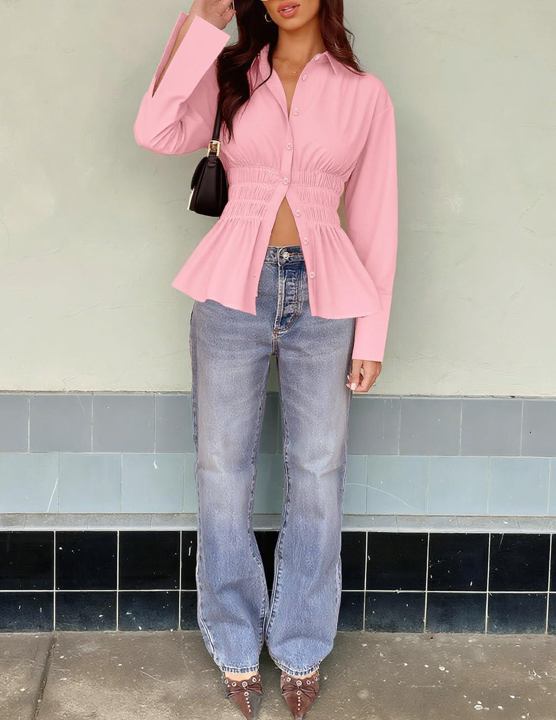 imageZESICA Womens 2026 Spring Long Sleeve Blouse Business Dressy Casual Button Down Shirts Peplum Tops Fashion Trendy ClothesPink