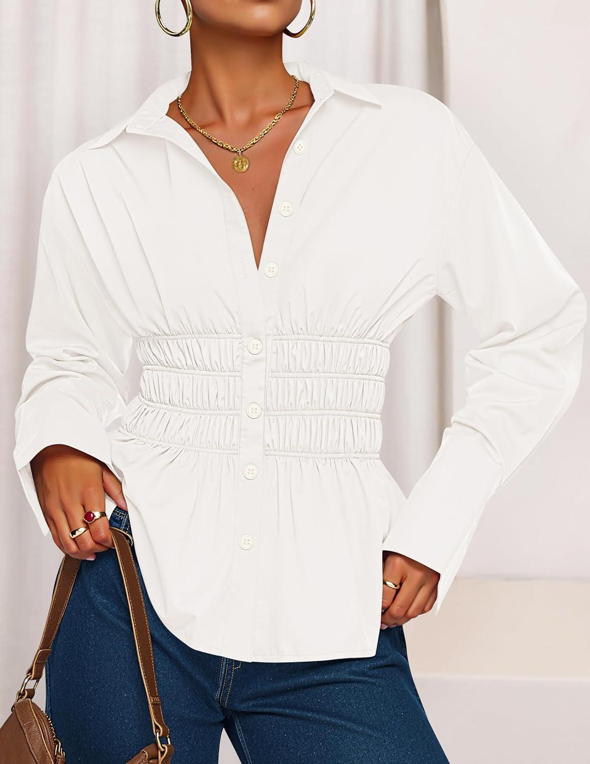 imageZESICA Womens 2026 Spring Long Sleeve Blouse Business Dressy Casual Button Down Shirts Peplum Tops Fashion Trendy ClothesWhite
