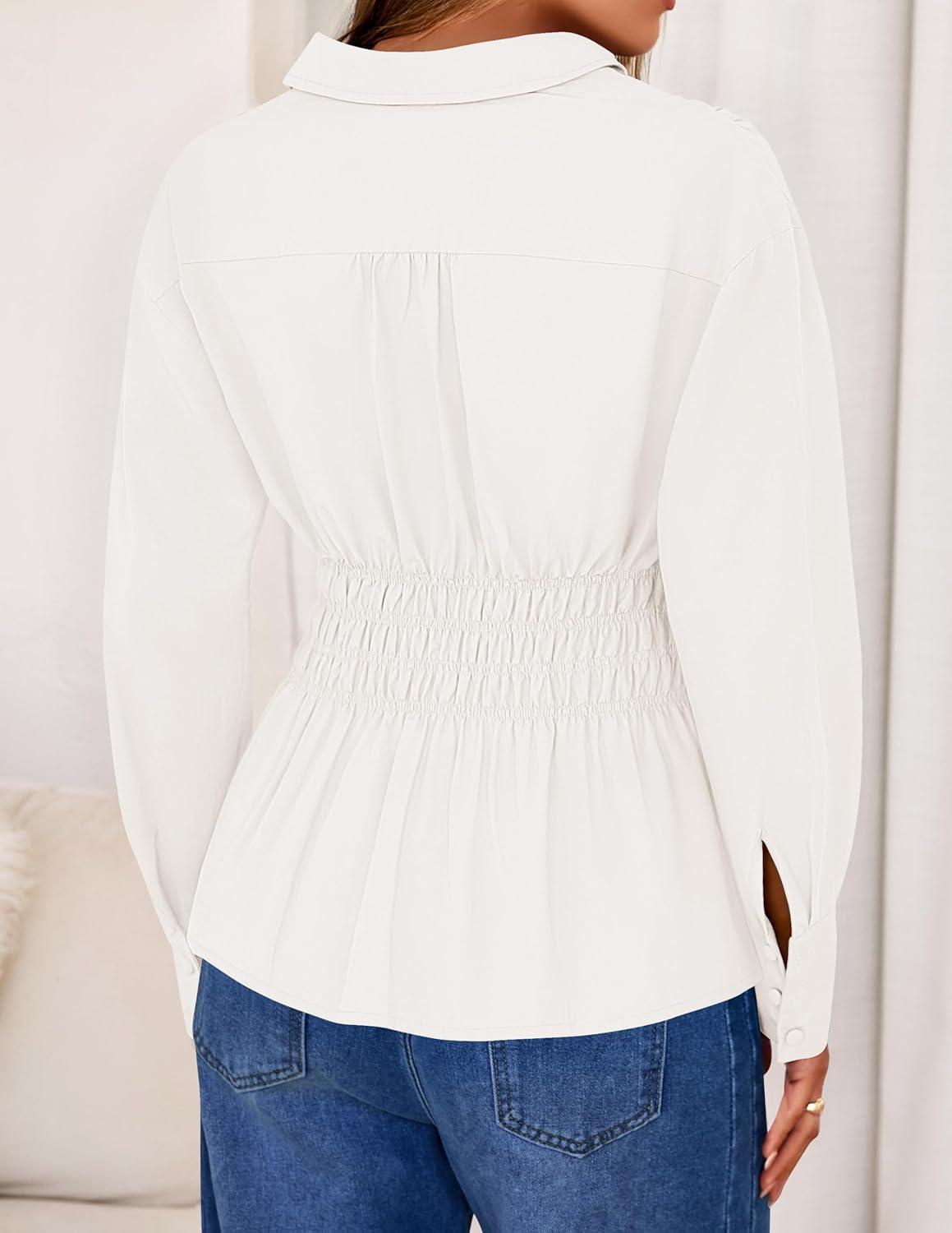 imageZESICA Womens 2026 Spring Long Sleeve Blouse Business Dressy Casual Button Down Shirts Peplum Tops Fashion Trendy ClothesWhite
