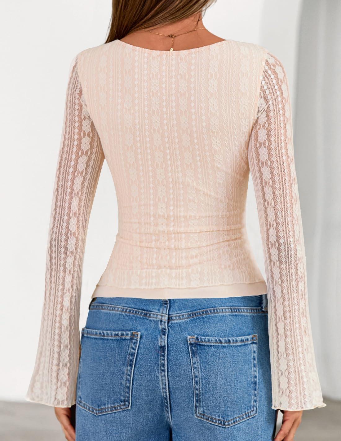 imageZESICA Womens 2026 Spring Summer Lace Mesh Sleeve Tops Going Out Double Lined Slim Fit Asymmetrical Shirts Date Night OutfitBeige