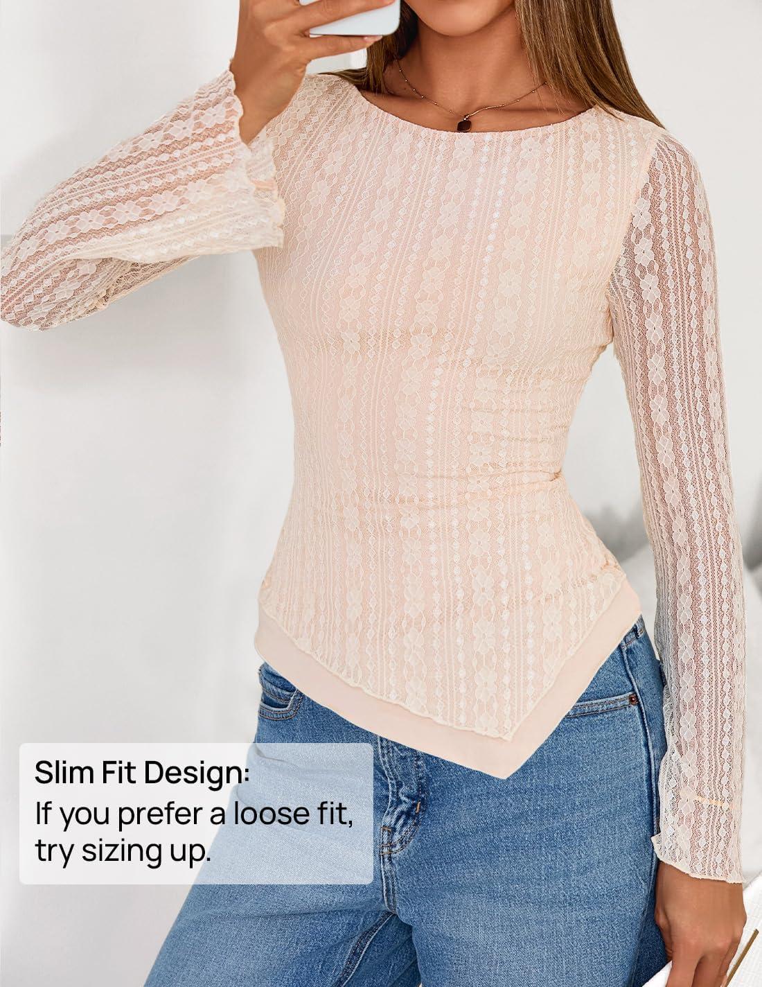 imageZESICA Womens 2026 Spring Summer Lace Mesh Sleeve Tops Going Out Double Lined Slim Fit Asymmetrical Shirts Date Night OutfitBeige