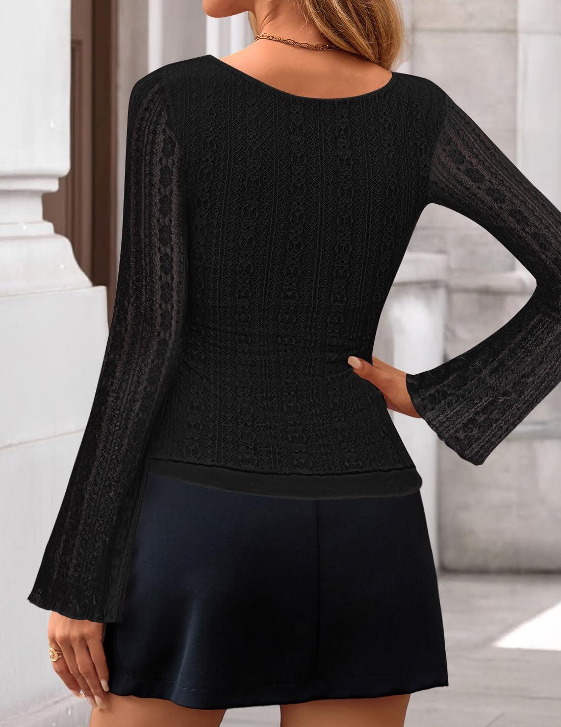 imageZESICA Womens 2026 Spring Summer Lace Mesh Sleeve Tops Going Out Double Lined Slim Fit Asymmetrical Shirts Date Night OutfitBlack