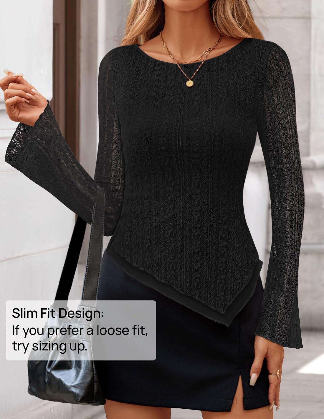 imageZESICA Womens 2026 Spring Summer Lace Mesh Sleeve Tops Going Out Double Lined Slim Fit Asymmetrical Shirts Date Night OutfitBlack