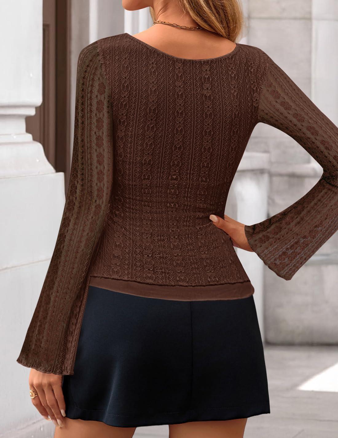 imageZESICA Womens 2026 Spring Summer Lace Mesh Sleeve Tops Going Out Double Lined Slim Fit Asymmetrical Shirts Date Night OutfitBrown