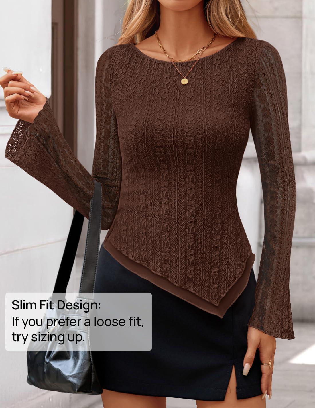 imageZESICA Womens 2026 Spring Summer Lace Mesh Sleeve Tops Going Out Double Lined Slim Fit Asymmetrical Shirts Date Night OutfitBrown