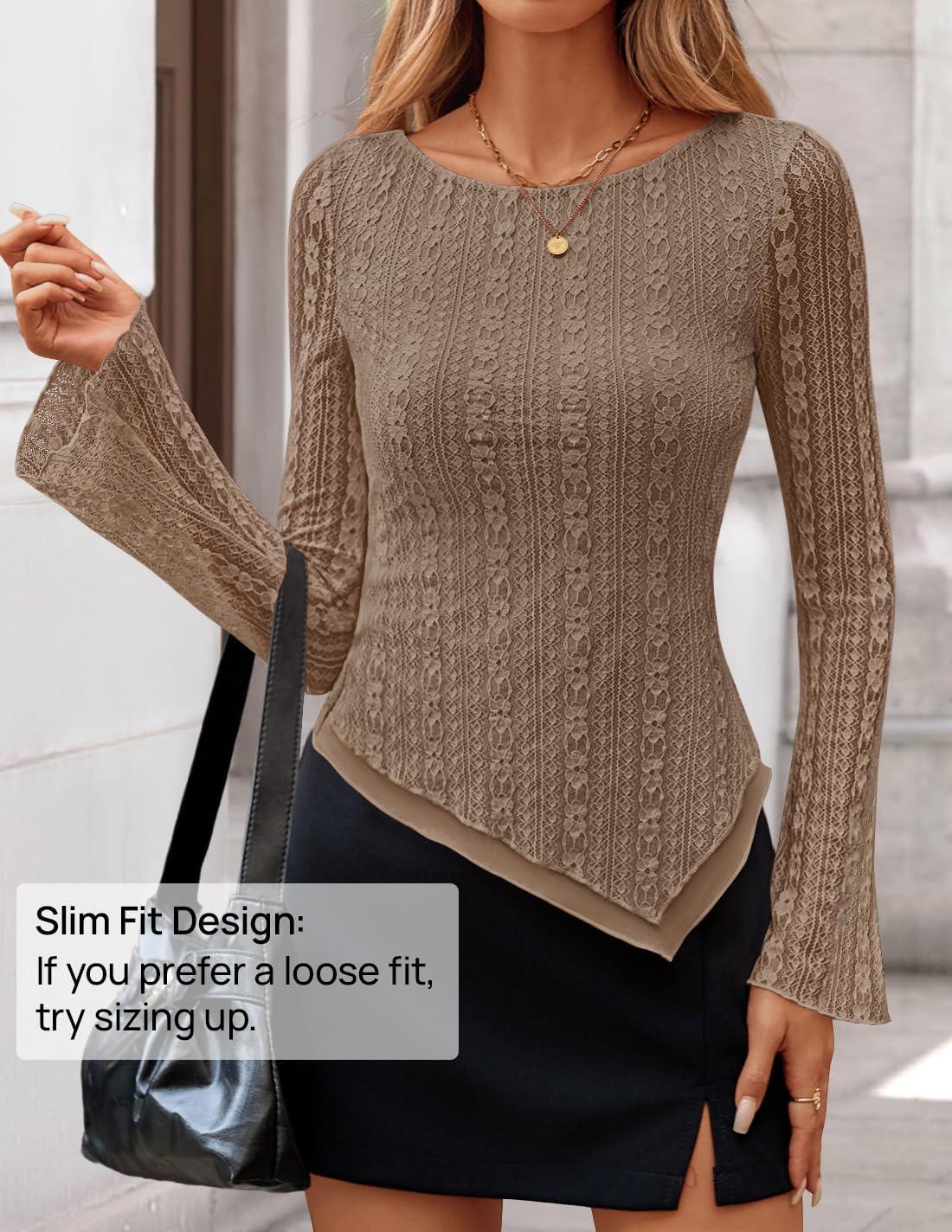 imageZESICA Womens 2026 Spring Summer Lace Mesh Sleeve Tops Going Out Double Lined Slim Fit Asymmetrical Shirts Date Night OutfitKhaki
