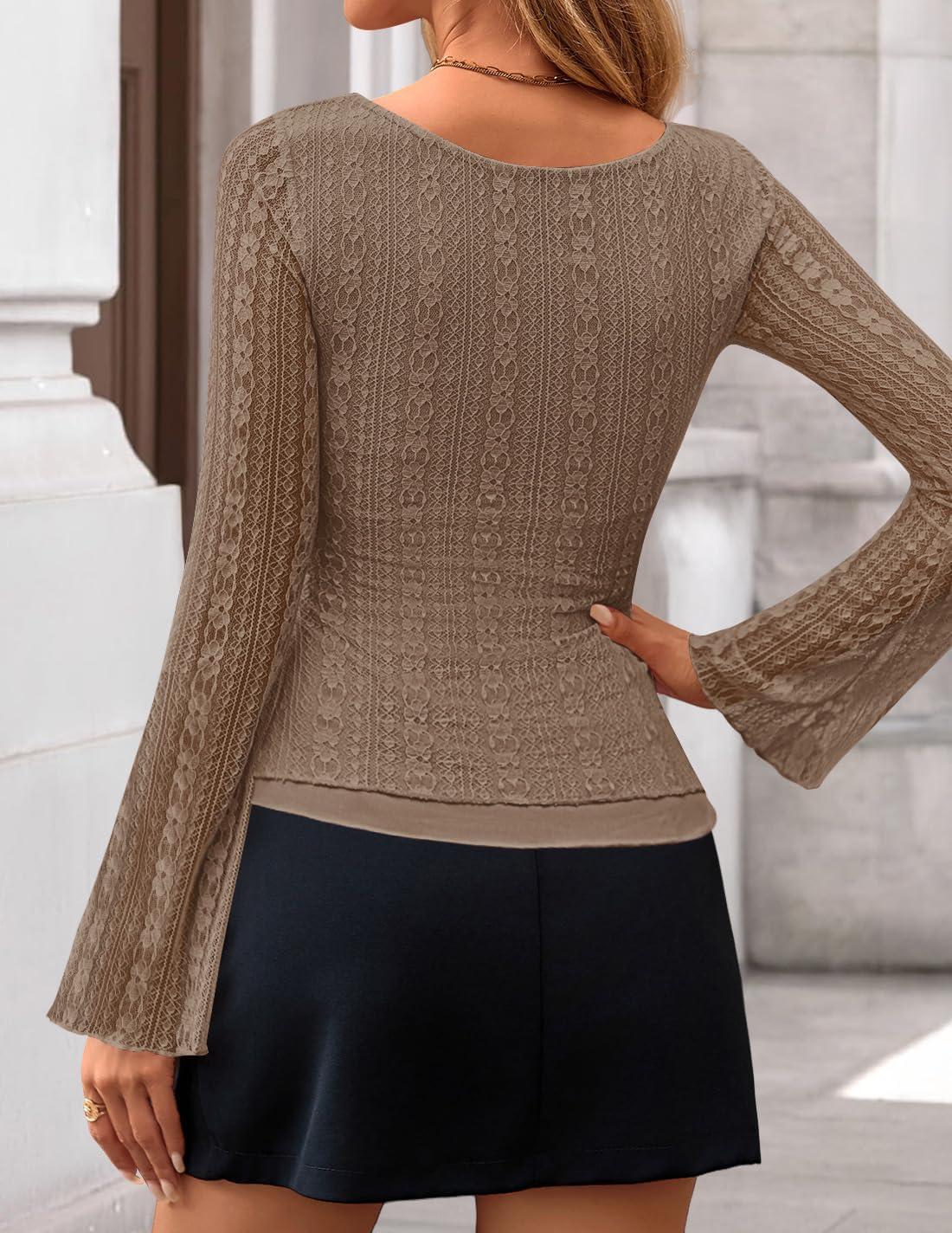 imageZESICA Womens 2026 Spring Summer Lace Mesh Sleeve Tops Going Out Double Lined Slim Fit Asymmetrical Shirts Date Night OutfitKhaki