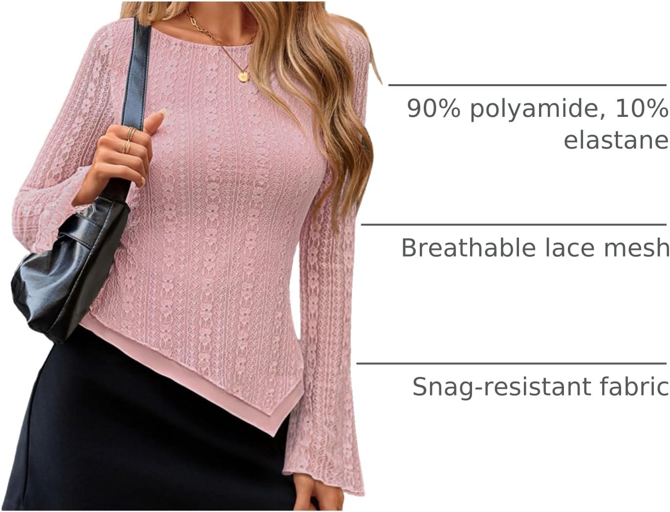 imageZESICA Womens 2026 Spring Summer Lace Mesh Sleeve Tops Going Out Double Lined Slim Fit Asymmetrical Shirts Date Night OutfitPink