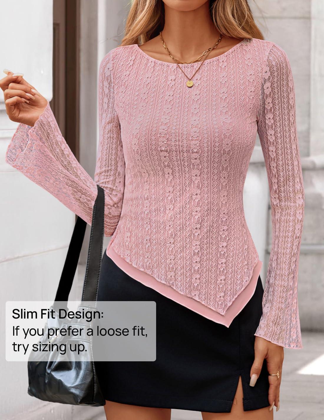 imageZESICA Womens 2026 Spring Summer Lace Mesh Sleeve Tops Going Out Double Lined Slim Fit Asymmetrical Shirts Date Night OutfitPink