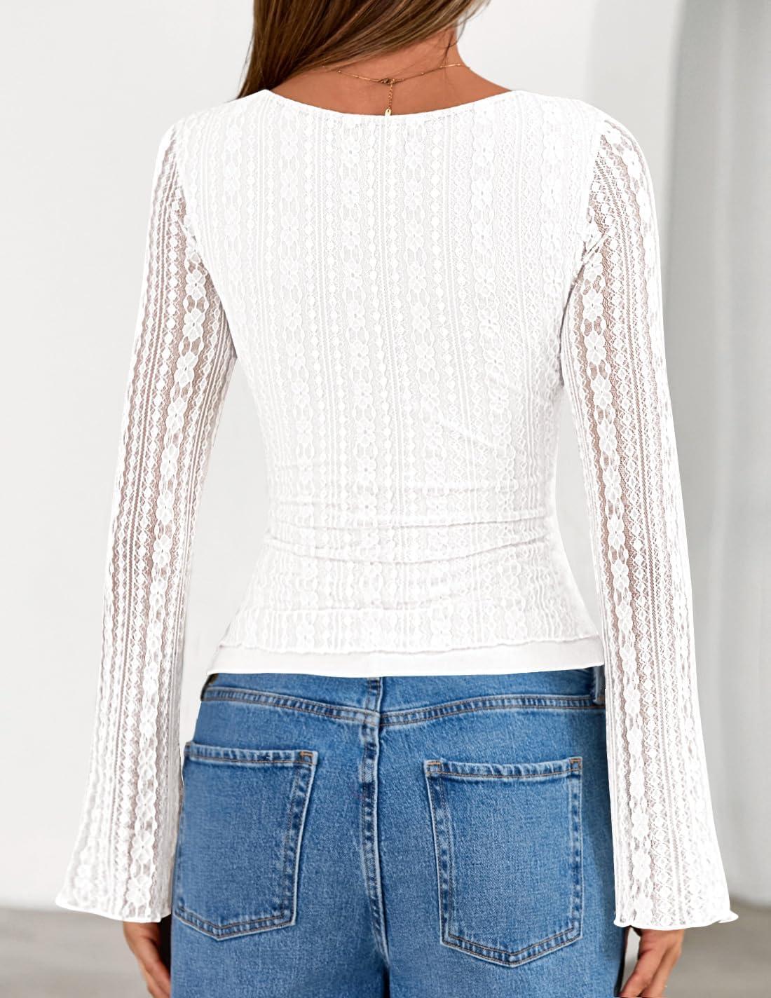 imageZESICA Womens 2026 Spring Summer Lace Mesh Sleeve Tops Going Out Double Lined Slim Fit Asymmetrical Shirts Date Night OutfitWhite
