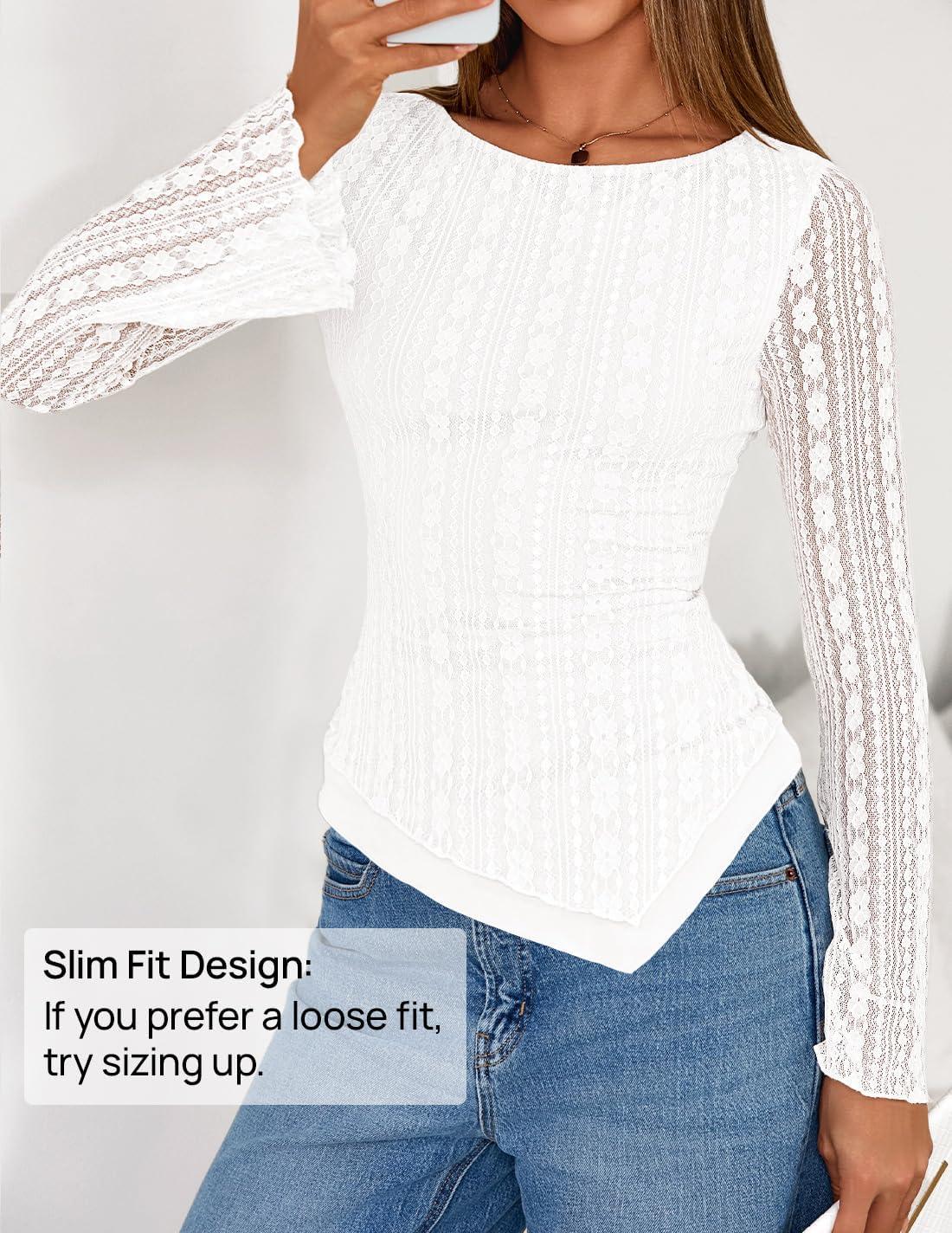 imageZESICA Womens 2026 Spring Summer Lace Mesh Sleeve Tops Going Out Double Lined Slim Fit Asymmetrical Shirts Date Night OutfitWhite
