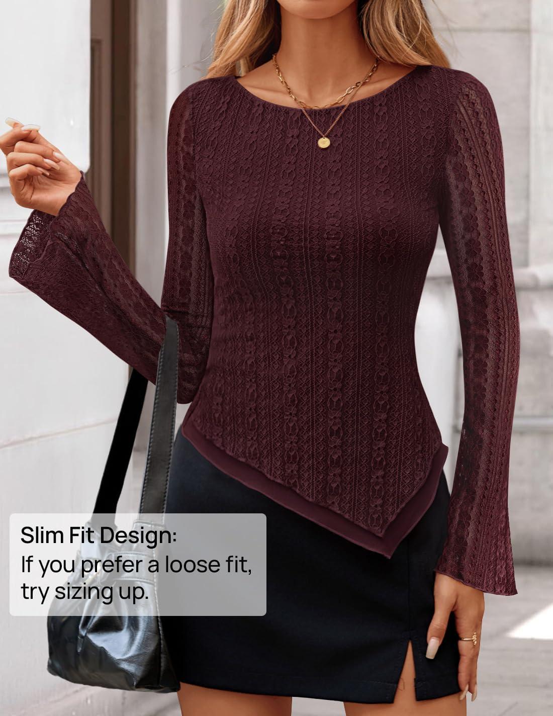 imageZESICA Womens 2026 Spring Summer Lace Mesh Sleeve Tops Going Out Double Lined Slim Fit Asymmetrical Shirts Date Night OutfitWine