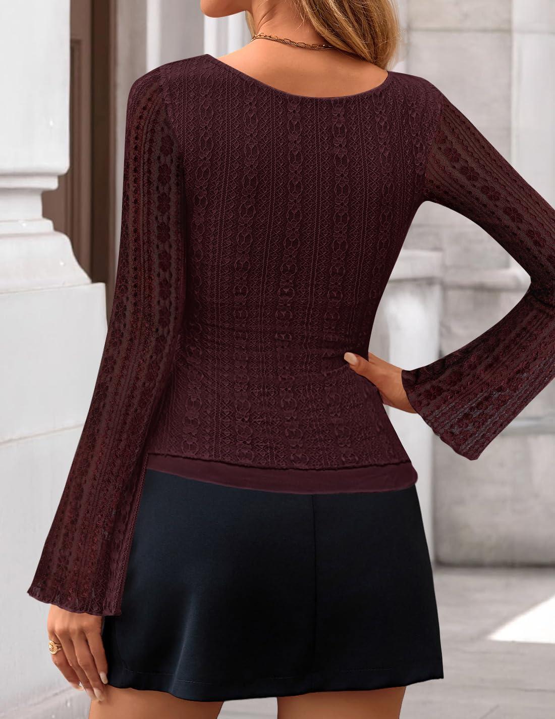 imageZESICA Womens 2026 Spring Summer Lace Mesh Sleeve Tops Going Out Double Lined Slim Fit Asymmetrical Shirts Date Night OutfitWine