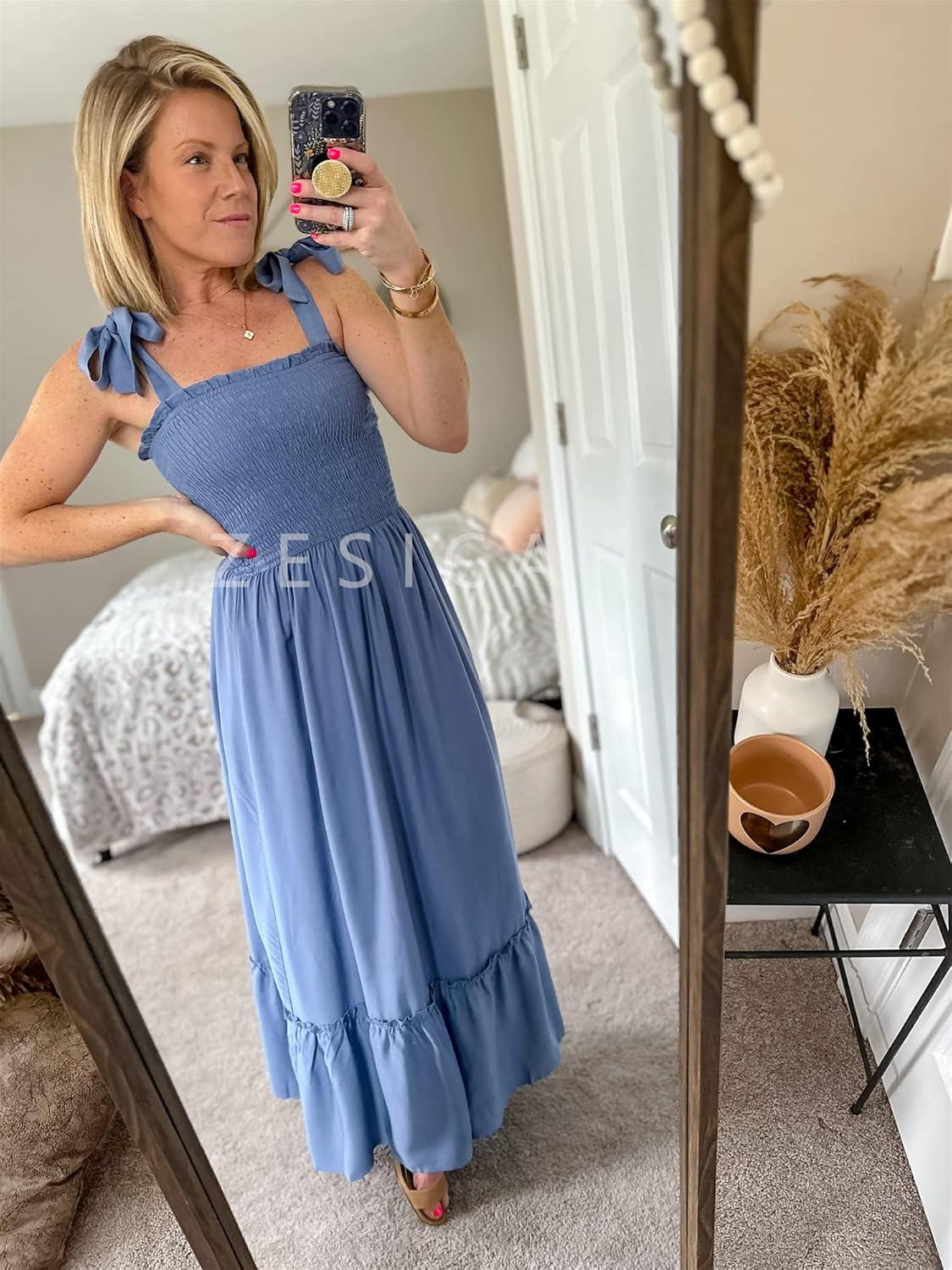 imageZESICA Womens 2026 Summer Boho Spaghetti Strap Square Neck Solid Color Ruffle A Line Beach Long Maxi DressDustyblue