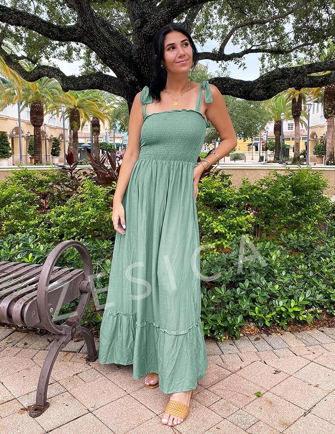imageZESICA Womens 2026 Summer Boho Spaghetti Strap Square Neck Solid Color Ruffle A Line Beach Long Maxi DressGreen